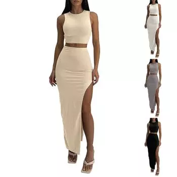 Летняя длинная юбка, круглый вырез, однотонный разрез, сексуальный костюм с юбкой, облегающий бедра L чёрный