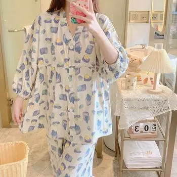 Летняя домашняя одежда Пижамы, женский комплект из хлопка и шелка, тонкий стиль, рукава 3/4, можно носить снаружи L