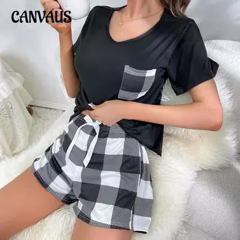 Летняя домашняя одежда во французском стиле, пуловер с коротким рукавом, клетчатые карманы, клетчатые шорты, пижамный костюм XS розовый