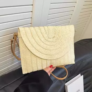 Летняя дорожная пляжная сумка Соломенная плетеная сумка-клатч Модельерская сумка через плечо для женщин Сумка Женская плетеная сумка на запястье 28x3x20cm бежевый