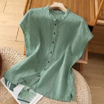 Летняя дышащая клетчатая рубашка с короткими рукавами и воротником в стиле ретро с кружевом для женщин M