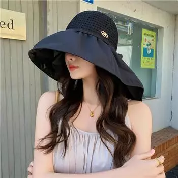 Летняя дышащая шапка-шаль для женщин, альпинизм, большой карниз, шляпа-ведро, летняя защита от солнца, шляпа от солнца для прогулок, шляпа от солнца для улицы One Size чёрный