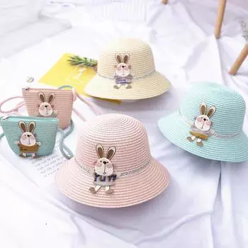 Летняя дышащая соломенная шляпа для девочек + сумочка Детская шляпа от солнца Панама кепка Gorros Детская шляпа с рисунком Солнцезащитные сумки через плечо 2pcs sets