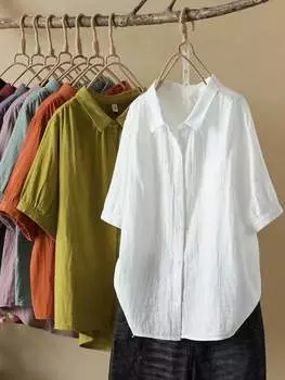 Летняя дышащая удобная рубашка с лацканами, свободная повседневная тонкая художественная рубашка с короткими рукавами S