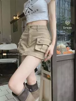 Летняя джинсовая юбка цвета хаки с высокой талией: Облегающий крой, короткая длина, антиэкспозиционный дизайн в американском стиле. XXL хаки