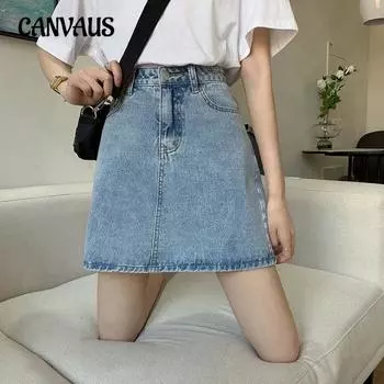 Летняя джинсовая юбка до половины тела, женская однотонная тонкая юбка с высокой талией и короткими рукавами для отдыха S чёрный