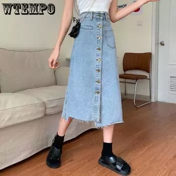 Летняя джинсовая юбка нерегулярного кроя до середины тела Женская однобортная юбка трапециевидной формы средней длины с высокой талией S синий