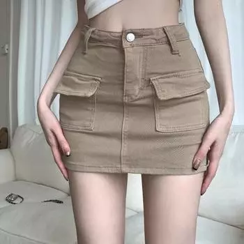 Летняя джинсовая юбка с подкладкой, высокая талия, пуговицы, молния, короткая юбка с летящими карманами, однотонная юбка трапециевидной формы с запахом на бедрах L синий