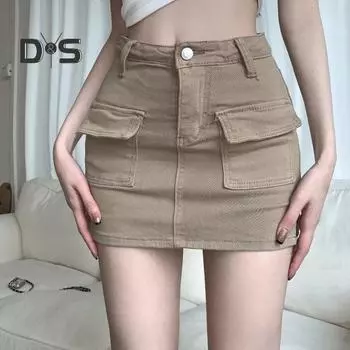 Летняя джинсовая юбка с подкладкой, высокая талия, пуговицы, молния, короткая юбка с летящими карманами, однотонная юбка трапециевидной формы с запахом на бедрах L синий