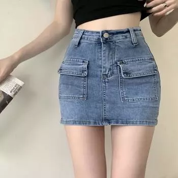 Летняя джинсовая юбка с подкладкой, высокая талия, пуговицы, молния, короткая юбка с летящими карманами, однотонная юбка трапециевидной формы с запахом на бедрах S чёрный
