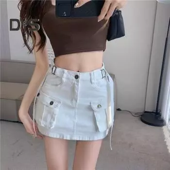 Летняя джинсовая юбка с высокой талией и молнией на пуговицах, рабочая юбка трапециевидной формы с поясом и карманами, дизайнерская короткая юбка с запахом на бедрах S белый