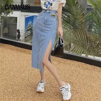 Летняя джинсовая юбка средней длины с разрезом по бокам, женская тонкая юбка средней длины с высокой талией и маркировкой S чёрный