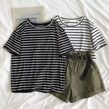 Летняя европейская и американская полосатая футболка с короткими рукавами, свободный повседневный топ, женская одежда M