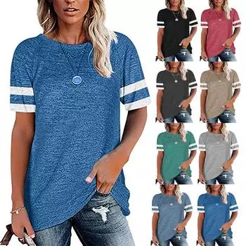Летняя европейская и американская женская футболка свободного покроя с круглым вырезом и коротким рукавом в тон S синий