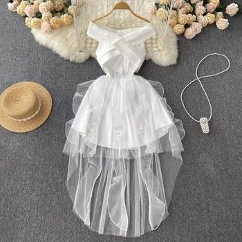 Летняя французская маленькая мужская талия на одно плечо и тонкая дизайнерская нишевая сетчатая юбка Fairy