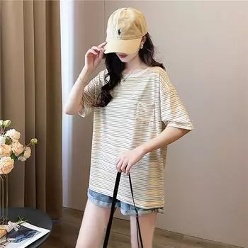 Летняя футболка 2024 года, женская свободная повседневная универсальная футболка в полоску, женская студенческая футболка в стиле Харадзюку, корейские простые топы с круглым вырезом, белые топы y2k, уличная одежда M абрикосовый