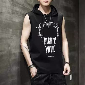 Летняя футболка без рукавов с капюшоном для мужчин, модный брендовый принт из чистого хлопка, свободный повседневный жилет с капюшоном для мужчин, камзол M белый