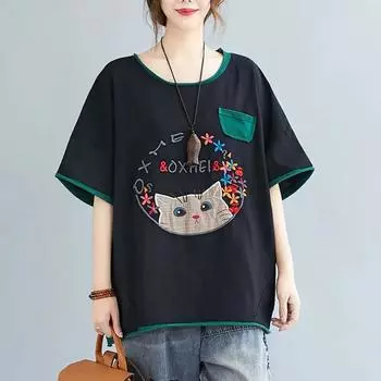Летняя футболка большого размера для женщин в стиле ретро с вышитым рисунком котенка, свободная, женская блузка XXXXXL чёрный