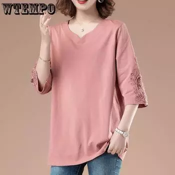 Летняя футболка большого размера с семью рукавами для женщин, корейская свободная повседневная футболка с V-образным вырезом L оранжевый