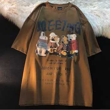 Летняя футболка большого размера, женская футболка из чистого хлопка с милым мультяшным принтом медведя, женские повседневные белые серые топы y2k, футболка с коротким рукавом, уличная одежда M чёрный