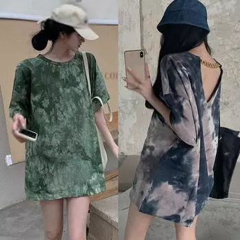 Летняя футболка большого размера, женская повседневная футболка с коротким рукавом и принтом тай-дай, женская футболка