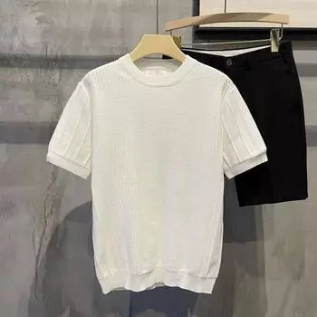 Летняя футболка-борцовка, трикотажная, в полоску, с короткими рукавами, эластичная, однотонная, с круглым вырезом, на каждый день M белый