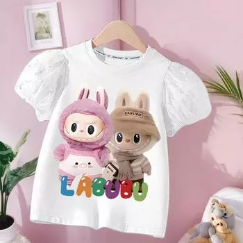 Летняя футболка для девочек из чистого хлопка с пышными рукавами и сеткой Labubu, детская модная футболка с короткими рукавами и круглым вырезом 100