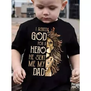 Летняя футболка для мальчиков с ярким принтом льва и букв - круглый вырез, короткий рукав, слегка эластичный полиэстер, повседневная летняя одежда 110