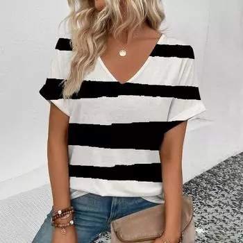 Летняя футболка для отдыха с 3D-принтом для женщин с V-образным вырезом, футболка с полосатым узором в стиле ретро, модная женская футболка с короткими рукавами S