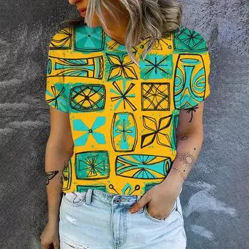 Летняя футболка для отдыха, женская футболка с ретро-цветочным узором и модным принтом, элегантная футболка с короткими рукавами и круглым вырезом S