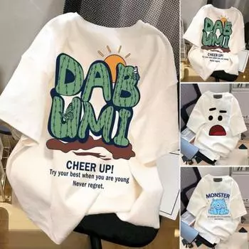 Летняя футболка для пар с мультяшным выражением лица с принтом кактуса с короткими рукавами из ледяного шелка, свободный круглый вырез, мягкий дышащий, быстросохнущий повседневный топ XL чёрный