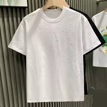 Летняя футболка для пар со стразами, круглый вырез, большие размеры, с короткими рукавами, свободный пуловер, однотонный повседневный топ унисекс средней длины M чёрный