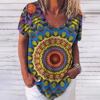 Летняя футболка для женщин 3D модный геометрический принт V-образный вырез короткий рукав базовые топы уличная одежда повседневная свободная женская одежда S