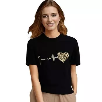 Летняя футболка для женщин с принтом «Леопардовое сердцебиение» Футболки с коротким рукавом Женская футболка Harajuku Clothing Love Girl s Top tee S