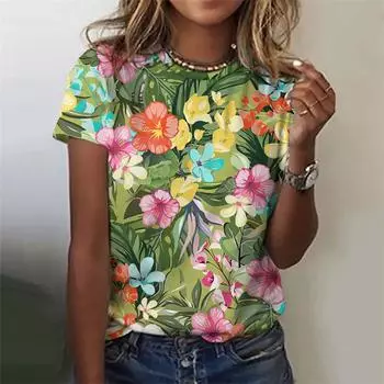 Летняя футболка Harajuku с 3D-принтом и цветочным принтом для женщин Футболки с растительным принтом Свободные футболки Топы с круглым вырезом и короткими рукавами S