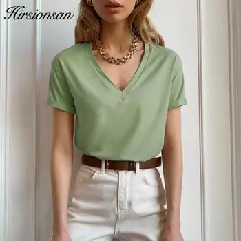 Летняя футболка Hirsionsan из 100% хлопка, женские мягкие футболки с короткими рукавами и v-образным вырезом, базовые топы Kintwear, футболка в стиле Харадзюку для женщин, простые однотонные футболки M белый