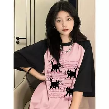 Летняя футболка из 100% хлопка с забавным мультяшным принтом, модные повседневные футболки большого размера с короткими рукавами, розовые топы в стиле хип-хоп y2k, женская уличная одежда M