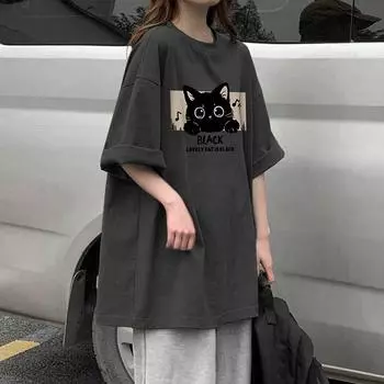 Летняя футболка из 100% хлопка с забавным мультяшным принтом, модная повседневная футболка большого размера с короткими рукавами, футболка в стиле хип-хоп, женская уличная одежда M