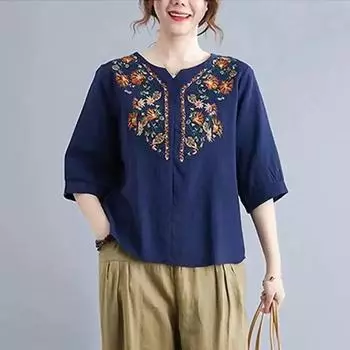 Летняя футболка из хлопка и льна, свободная посадка, этнический стиль, повседневная блузка с круглым вырезом и цветочным принтом, модная винтажная блузка S белый