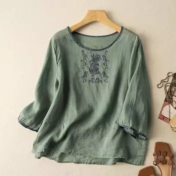 Летняя футболка из хлопка и льна с рукавом три четверти, женская повседневная универсальная футболка в этническом стиле с вышивкой в литературном стиле в стиле ретро, женская ханьфу XXXL зелёный