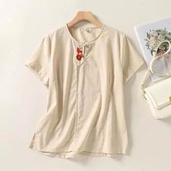 Летняя футболка из хлопка и пеньки большого размера с вышивкой, круглым вырезом, коротким рукавом, пряжкой в китайском стиле M