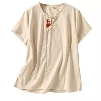 Летняя футболка из хлопка и пеньки большого размера с вышивкой, круглым вырезом, коротким рукавом, ретро-платой и пуговицами в китайском стиле M