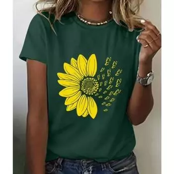 Летняя футболка из искусственного хлопка с 3D-принтом, женская футболка с цветочным круглым вырезом и короткими рукавами (Женский) S небесно-голубой