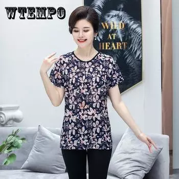 Летняя футболка из ледяного шелка с короткими рукавами, женская круглая шея большого размера, свободные эластичные разноцветные топы, женская повседневная блузка с принтом One Size красный