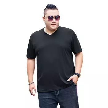 Летняя футболка из ледяного шелка с короткими рукавами для мужчин, свободная повседневная одежда больших размеров с половиной рукавов и v-образным вырезом 9XL чёрный