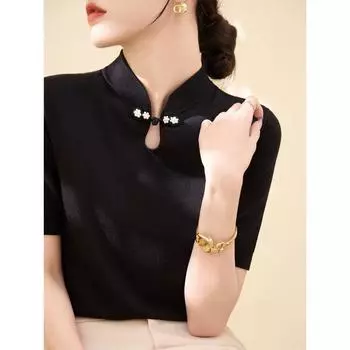Летняя футболка из лиоцелла Tencel с коротким рукавом, ледяной шелк, тонкая, в новом китайском стиле, ципао, застежка-лягушка, маленький воротник-стойка, трикотажный топ
