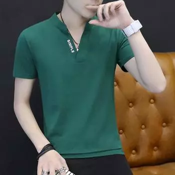Летняя футболка из тонкого ледяного шелка с короткими рукавами, мужская летняя повседневная футболка с половиной рукавов и v-образным вырезом L темно-зеленого