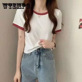 Летняя футболка корейской версии, тонкий короткий студенческий топ, модный цветной контрастный круглый вырез, женская футболка с короткими рукавами XXL розовый