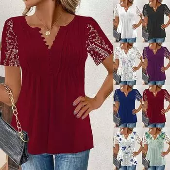 Летняя футболка, модные женские кружевные футболки с кружевными рукавами, свободные однотонные повседневные топы с короткими рукавами и принтом на пуговицах S чёрный