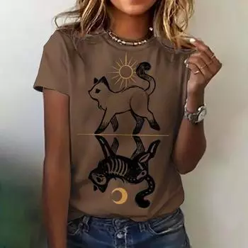 Летняя футболка, новая женская модная одежда, повседневная футболка с круглым вырезом и короткими рукавами с рисунком кошки, свободная футболка, женская одежда XS